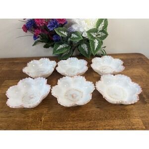 Antique Victorian Hand Painted Milk Glass Bowls Set of 6 Scalloped Floral Dishes